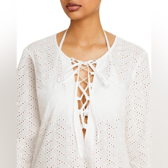 Aqua Womens Lace Up Eyelet Caftan Swim Cover-Up in Ivory - Picture 2 of 9